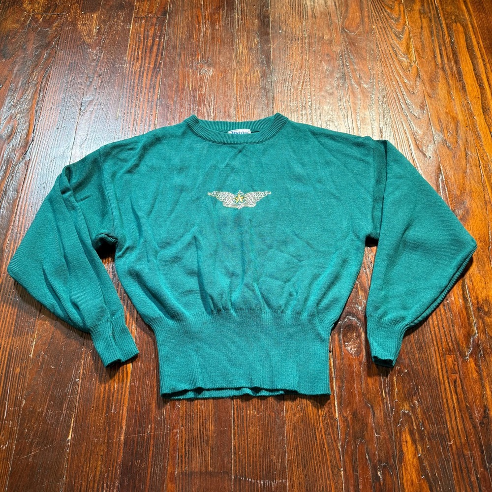 Vintage 90s Meister Sweater Womens Green Wool Beaded Star Wing Hong Kong